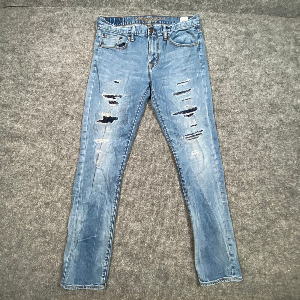 American Eagle Mens Skinny Core Flex Distressed Patched Jeans Blue 32x34